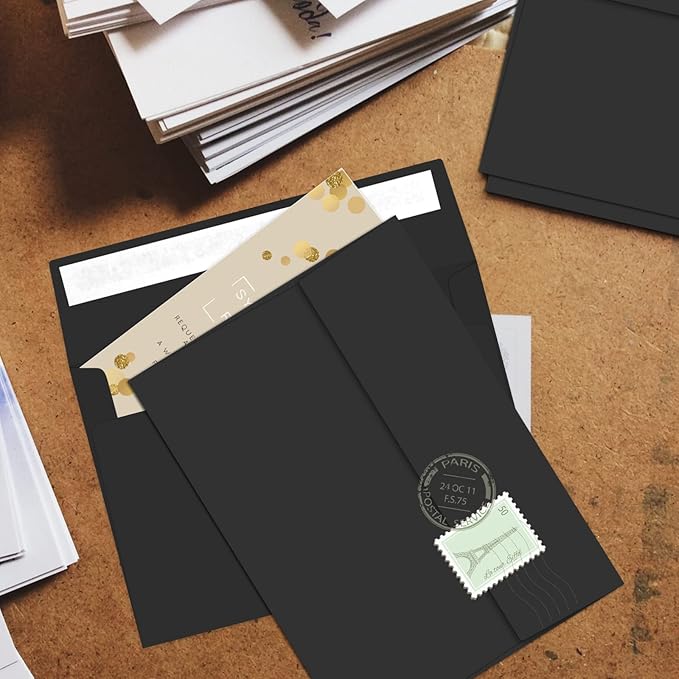 50 Packs 5x7 Envelopes, A7 5x7 Envelopes for Invitations, Printable Invitation Envelopes Self Seal for Weddings, Invitations, Photos, Greeting Cards, Mailing (Black)