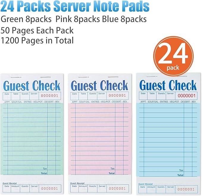 24 Pack Guest Checks Books for Servers Server Note Pads, Waiter Checkbook, Waitress Notepad for Restaurants, 8 Pack Green, 8 Pack Pink, 8 Pack Blue