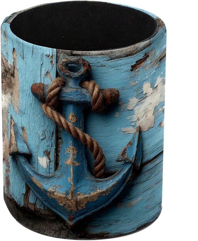 Leather Pen Holder for Desk, Retro Anchor Pencil Cup Pen Organizer Makeup Brush Holder for Office Home Kids Countertop Desk Accessory Storage