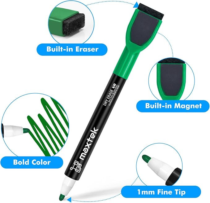 maxtek Dry Erase Markers - 6 Count Green Magnetic Dry Erase Markers Fine Tip with Eraser, Low Odor Whiteboard Markers for Calendar Boards (Pack of 2)