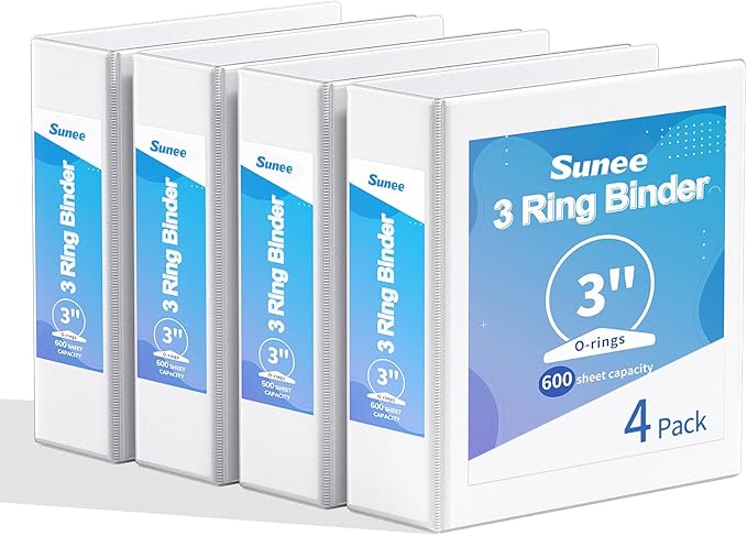SUNEE 3 Inch Binders 3 Ring 4 Pack, PVC-Free Clear View Large Binders 3" (Fits 8.5x11 Inches) for School, Office & Home Use, White