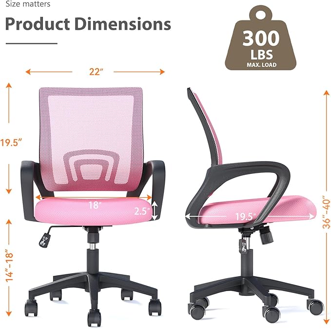Home Office Chairs, Ergonomic Mid-Back Mesh Desk Chairs with Lumbar Support, Adjustable Swivel Rolling Design, Comfy Armrest for Work, Study, Gaming, Vanity, Pink, 2 Pack