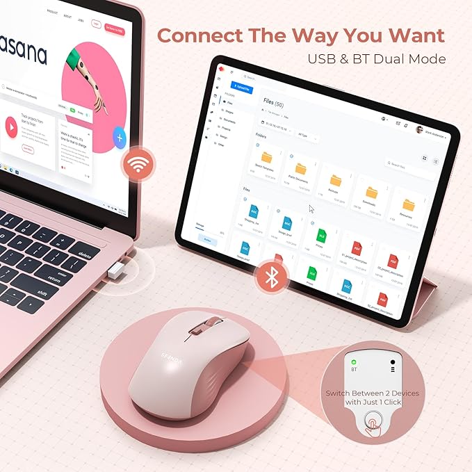 seenda Bluetooth Wireless Mouse, Bluetooth & 2.4G USB Dual Mode, Quiet Clicks, Smooth Tracking, 3-Level Adjustable 1600 DPI,Compact and Portable Mouse for Laptops, Tablets and More-Pink