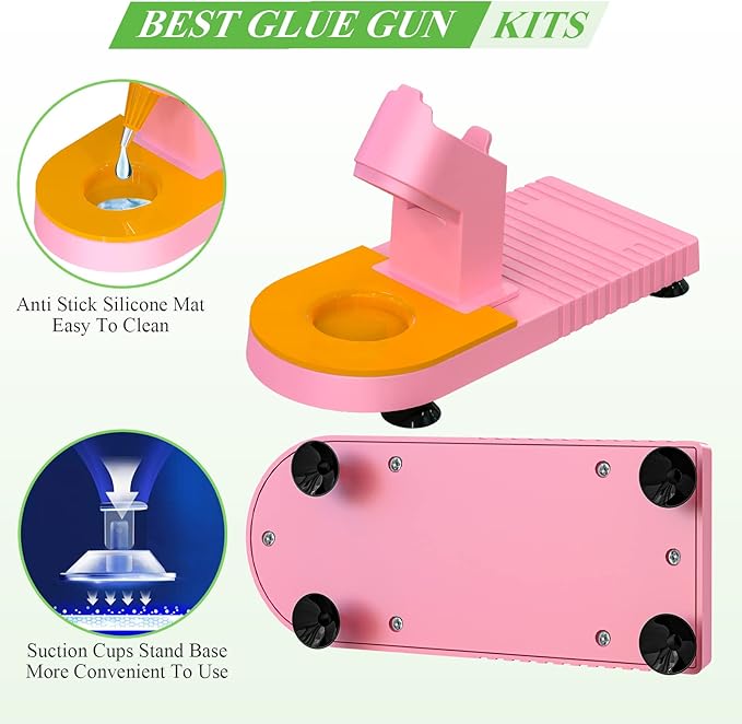 MONVICT Pink Hot Glue Gun Kit, Mini Glue Gun with Suction Cups Stand Anti Stick Silicone Mat, Hot Melt Glue Gun with Fine Tip & 30 Glue Sticks, On/Off Switch Design for DIY, Craft, Home School Project