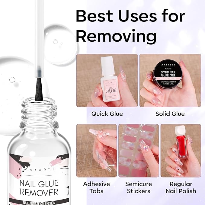 Makartt Press On Nail Glue Remover: Fast and Easy Adhesive Remover for Fake Nails Tips & Glue Off, Hema-Free Debonder Nail Remover Serum with 2 Dropper Applicators and 2 Cuticle Sticks, 30ml