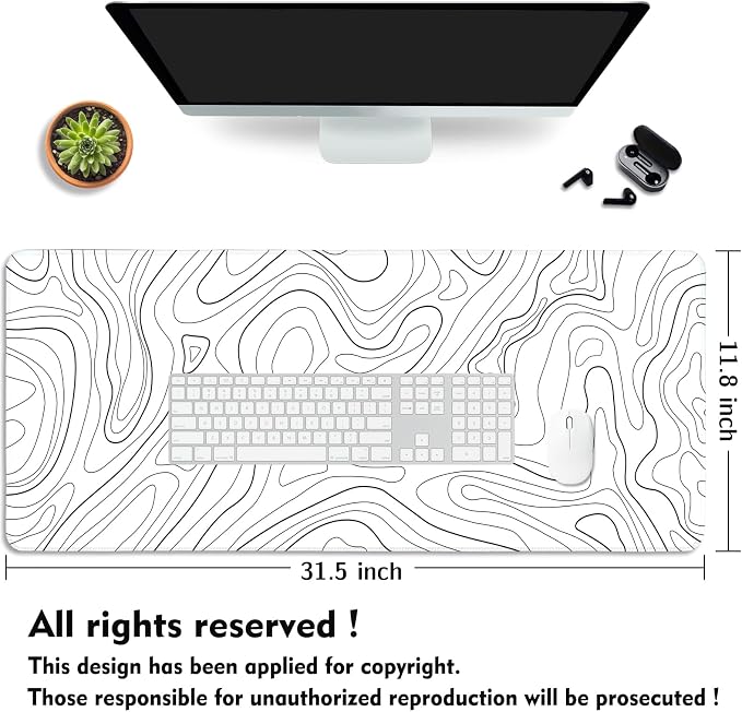 Topographic Mouse Pad XL - Large Extended Desk Mat for Gaming, Black and White Minimalist Keyboard Pad for Office & Home