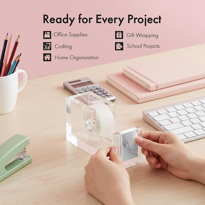 OfficeGoods Acrylic Tape Dispenser, Aesthetic and Compact Design, Silver | Modern desk accessory for office, Heavy duty refillable tape holder for crafting, Stylish desktop accessory for gift wrapping