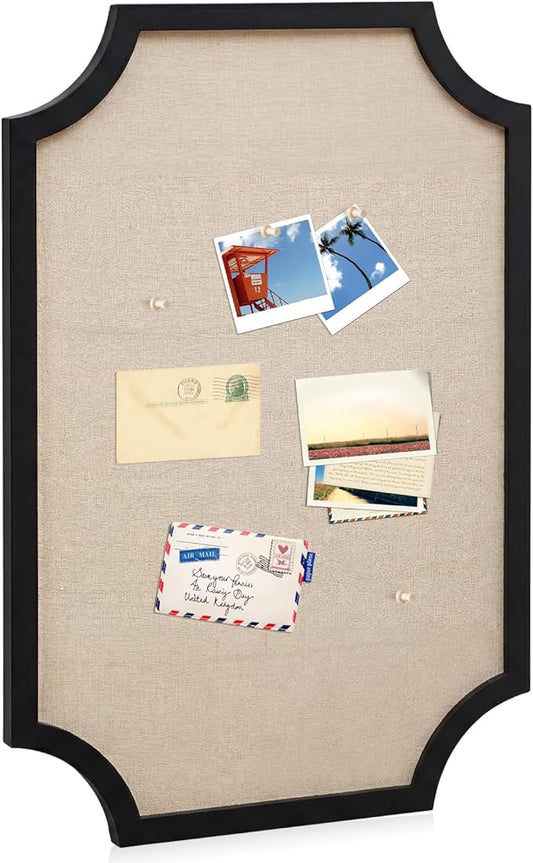 Vintage Framed Pin Board Linen Display Bulletin Board Large Ornate Fabric Picture Photo Pinboard Memo Decorative Prayer Pinboard Ornate for Wall Gift(Scalloped,24" X 36",Black)
