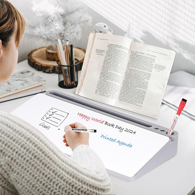 DOLLAR BOSS Glass Desk Whiteboard Small Dry Erase Board, Grey | Desktop White Board with Storage Drawer, Computer Keyboard Stand, Desk Organizer, Office Supplies, With Markers, Eraser