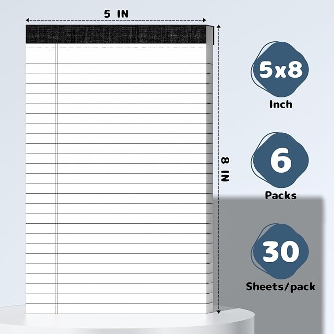 6 pcs Note Pads Legal Pads 5x8, Notebook College Ruled, White Notepads | Glyanlee 6 Pack Micro Perforated Writing Pads, Small Lined Paper Pads, Pad of Paper for Office Home School