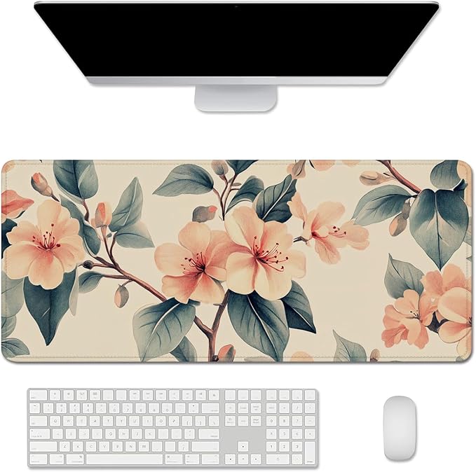 Floral Mouse Pad Desk Mat Peach Blossoms Large Computer Mouse Pads | Stitched Edges Rubber Non-slip Girls Office Study Gaming Computer Keyboard Laptop XL Extended Long