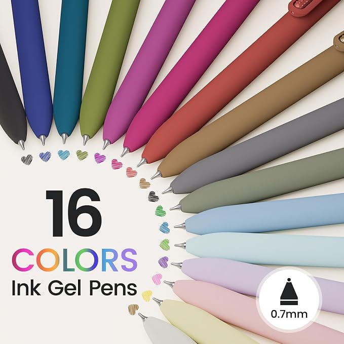 Colorful Gel Pens, 16 Pack 0.7mm Colored Ink Quick-Drying No Bleed | Smooth Writing Coloring, Soft Grip Stress Relief, Fine Point Retractable for Journaling, Note Taking, Office, Students Adults