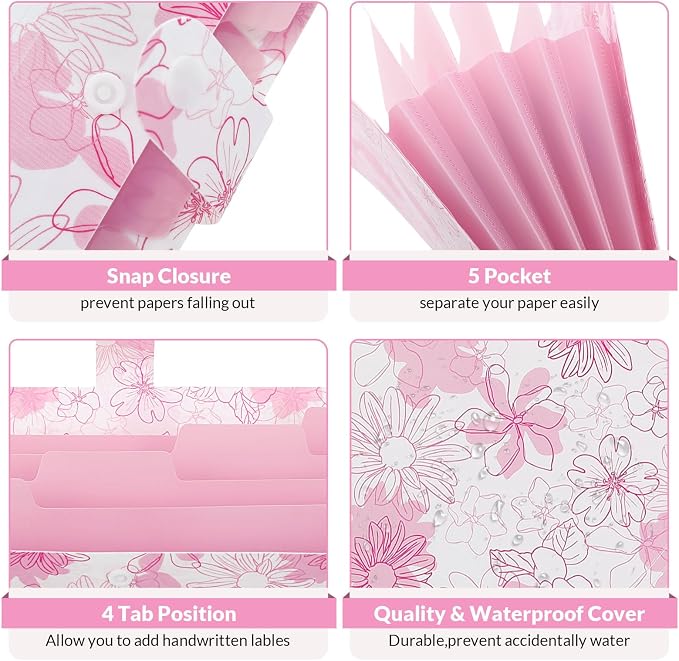 SKYDUE Accordion File Organizer, Floral Expanding File Folders with 5 Pockets, Cute Document Organizer for Paper Bills Receipt Storage, School Office & Hospital Supplies Letter/A4 Size Pink
