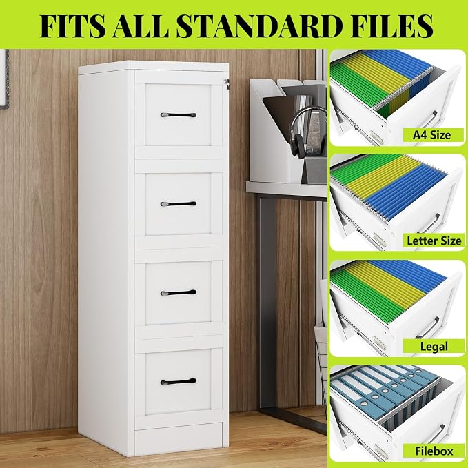 4-Drawer Metal File Cabinet with Lock, Tall Narrow Vertical, White | Tall metal filing cabinet with adjustable rails for Letter, Legal and A4 folders; one lock secures all four drawers