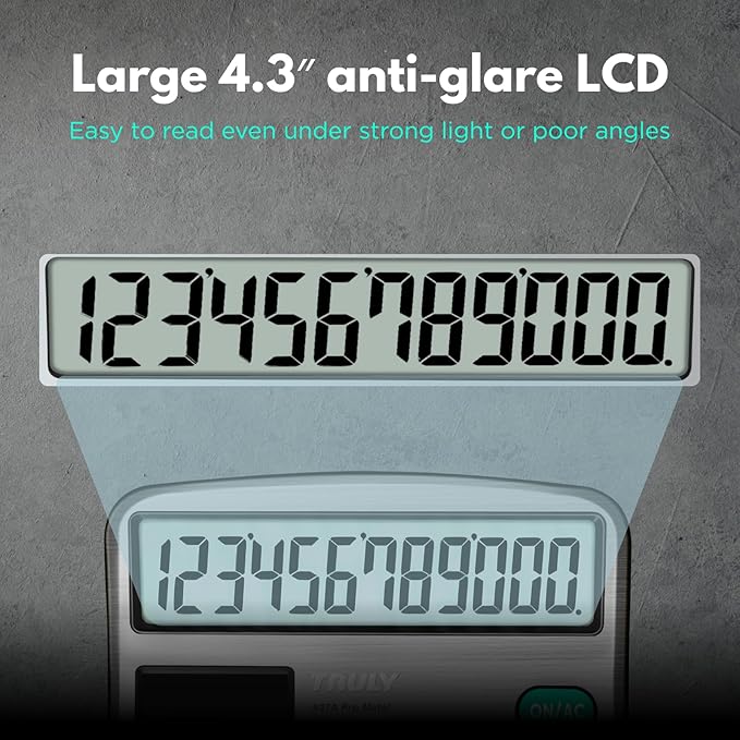 TRULY 12 Digits Desktop Calculator with Large LCD Display and Sensitive Button, Dual Solar Power and Battery, Standard Function for Office, Home, School, Metal Body, 837A Pro Silver