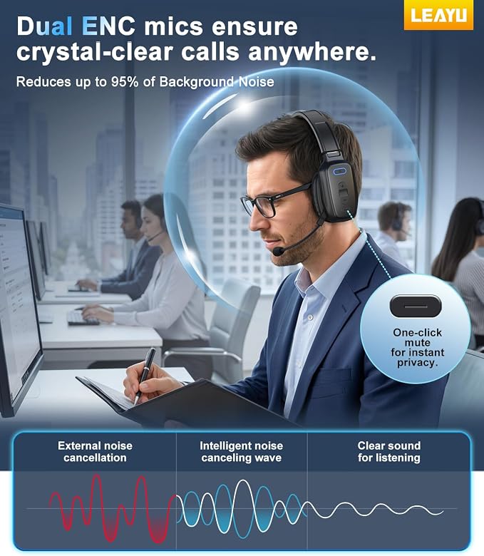 Trucker Bluetooth Headset, 60-Hour AI Noise-Canceling Mic for Driving | Mute Button, Multipoint Pairing, Single-Ear Design, Over-Ear Comfort, Bluetooth 5.2 Wireless Headphone, Phone/PC, Office/Work