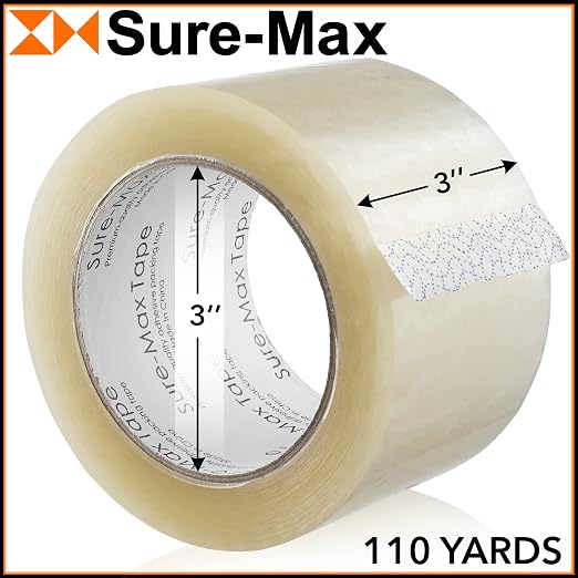Sure-Max 48 Rolls Extra-Wide Shipping & Packing Tape (3" x 110 yard/330' Each) - Moving & Adhesive Carton Sealing - 2.0mil Clear