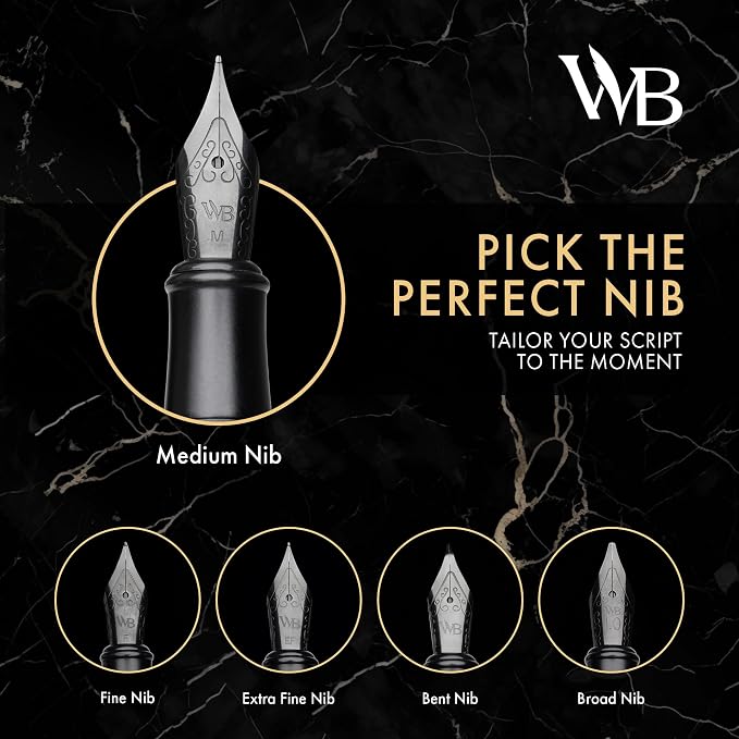 Wordsworth & Black Luxury Fountain Pen Set for Writing, Bent Nib, All Black | Gift for Men & Women, Brass Body, German Iridium, Calligraphy, Converter + 24 Ink Cartridges, Refillable, Leak-Free