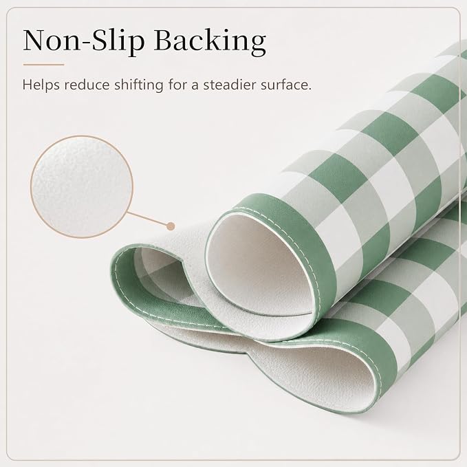 Ohocut Scalloped Gingham Checkered Desk Pad，Green：31.5" x 15.7" | Large, Premium Faux Leather, Anti-slip Bottom, Water Repellent, Easy to Clean, Aesthetic Trendy Design