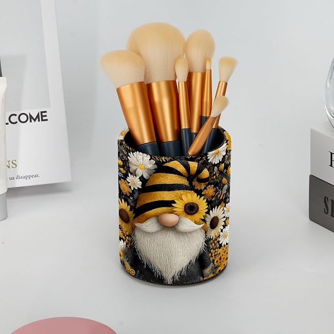 Leather Pen Holder for Desk, Gnome Sunflower Pencil Cup Pen Organizer Makeup Brush Holder for Office Home Kids Countertop Desk Accessory Storage