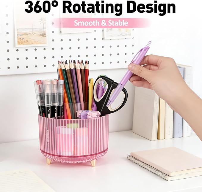 360 Rotating Pen Pencil Holder for Desk, Pen Organizer with 5 Slots | Makeup Brush Holder, Desk Organizer and Accessories, Cute Pencil Cup Caddy for Office School Home Decor Art Supply (Pink)