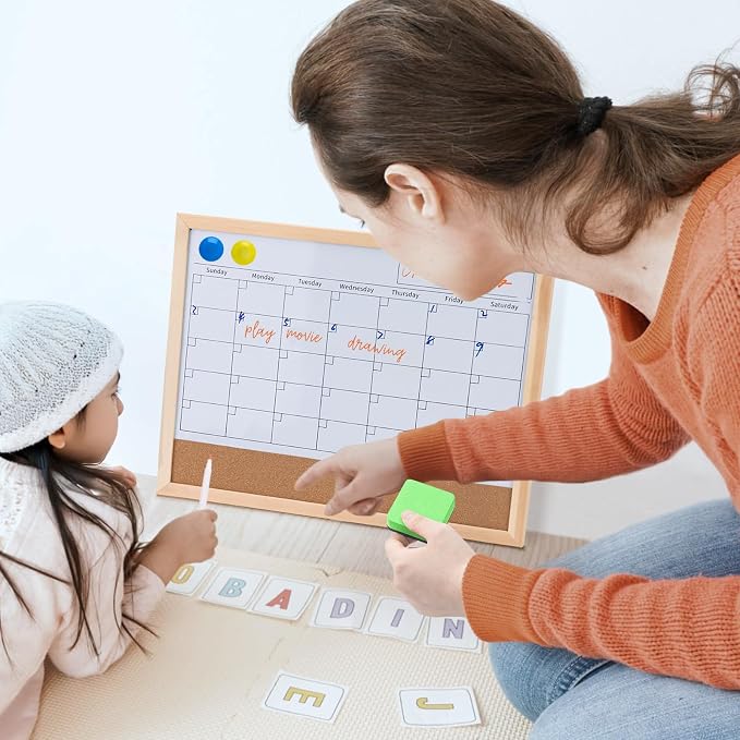OWLKELA Monthly Dry Erase Calendar, 17 x 13 inch, Wood Frame | Magnetic Bulletin Whiteboard, with Cork Board, Ideal for Office, Home and School