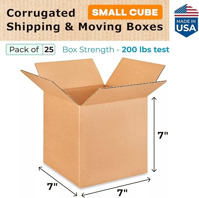 Small Cube Moving & Shipping Boxes 7"L x 7"W x 7"H (25-Pack) - Extra Strength 200 lb vs Regular - USA-Made Corrugated Packing Boxes for Moving - Heavy Duty Moving Box - Packaging Box by IDL Packaging
