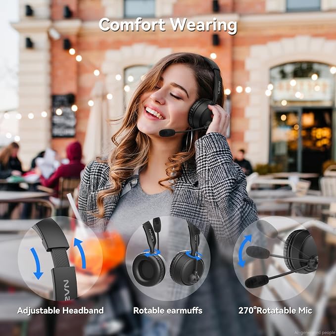 Wireless Headset with Mic for Work, Wireless Headset with Microphone AI Noise Cancelling, Bluetooth 5.3, 60H Battery, Mute Button, Comfortable Over Ear Headphones for PC, Laptop, Call Center, Office