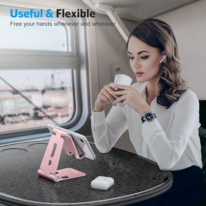 OMOTON Foldable Cell Phone Stand, C4 Portable Aluminum Phone Holder | Adjustable Phone Dock Cradle Compatible with iPhone 17/16/15/14 Pro Max, Samsung Galaxy, Small Tablets, All Phones, Rose Gold