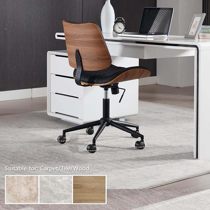 Home Office Chair No Arms with Wheels, Mid Back Walnut Style,Black-2 | Adjustable Height Small Desk Chair, PU Leather Mid Back 360 Swivel Computer Seating, Armless Walnut Office Chair, 300LBS