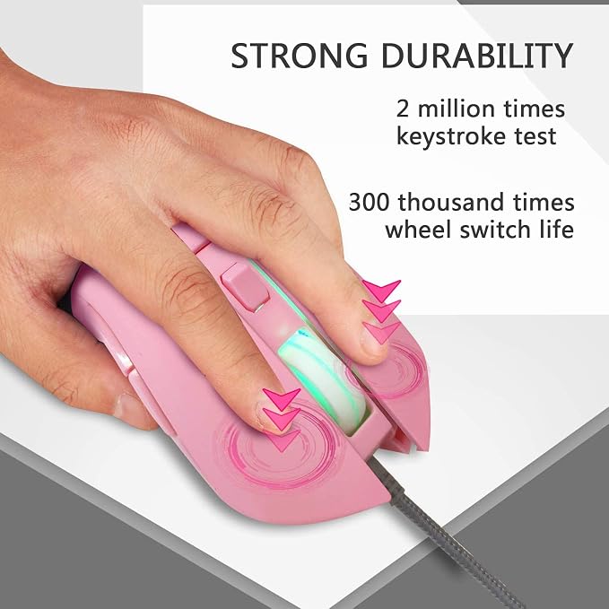 IULONEE USB Type C Wired Mouse 2400 DPI Gaming Mice for Office Home Pink | Wired Mouse Ergonomic 7 Backlight 6 Buttons Silent Compatible with Windows PC, Laptop, Computer and More USB Type C Devices
