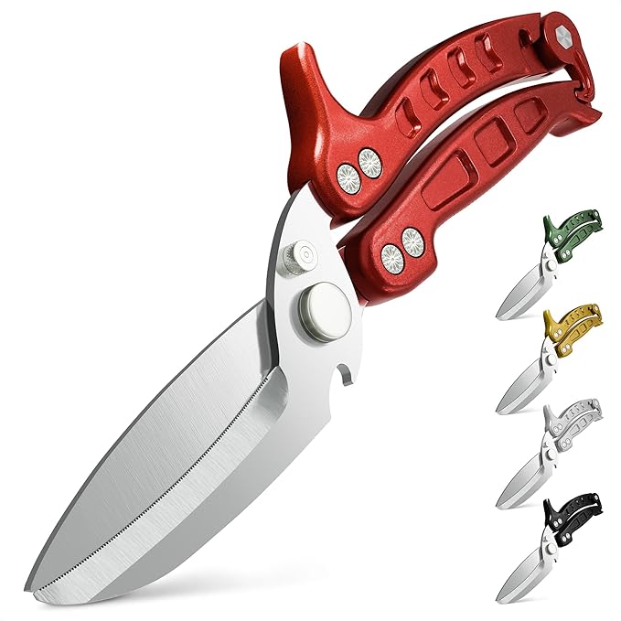 4-in-1 Kitchen Shears Heavy Duty – Sharp Seafood, Poultry Shears & Chicken Scissors with Non-Slip Metal Handle & Micro-Serrated Blades for Meat – Spring-Loaded Bone Cutting Scissors with Safety Lock