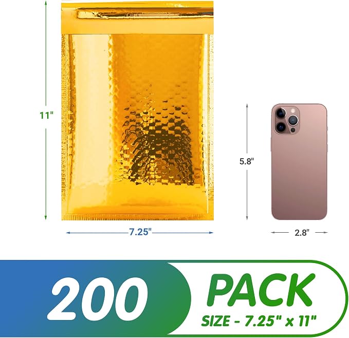 Glamour Metallic Bubble Mailers 8.5 x 11 Inches Gold, 200 Pack Padded Envelopes for Shipping, Mailing, Packaging Protection