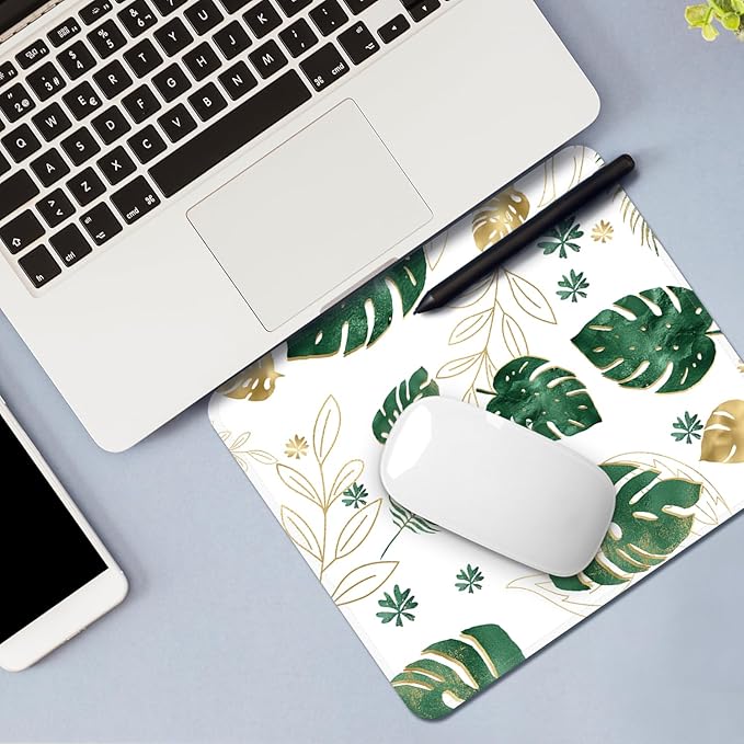 Mouse Pad with Stitched Edges - Tropical Leaf Mousepad for Women, 9.25 x 7.75 inch Washable Square Desk Pad, Non-Slip Rubber Base, Office Home Laptop Accessories - Golden Monstera