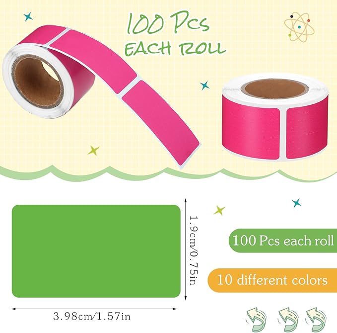 Outus 1000 Pcs Rectangular Colored Sticker Labels Rolls 10 Bright Color 0.75 x 1.57 Inch Classroom Removable Self Sticky Folder Labels for Boxes Folders Office