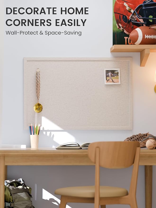 Fluxynara 35.4" x 23.6" Felt Frame Bulletin Board, Oatmeal | Cork Board Alternative with 24 Removable Adhesive Tabs, Foldable Pin Board for Wall, Home, Office, Classroom & Dorm