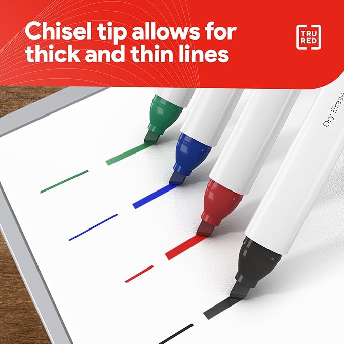 TRU RED Dry Erase Markers, Chisel Tip, Assorted Colors, 12 Pack – Bold Color Whiteboard Markers for Office, School & Home