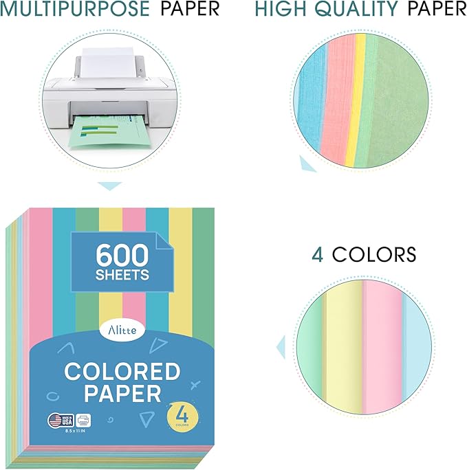 Alitte Colored Paper 8.5 x 11 - Copy Paper, 600-Pack Letter Size for Printer, Arts & Crafts, DIY Projects - Pink, Green, Blue, Yellow - School & Office Supplies - 150 Sheets Per Color