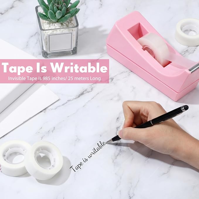 Yahenda 10 Pack Tape Dispenser, 20 Refills Weighted Non Skid,Pink | 0.7x985 Inch Invisible Tape Refills Included, Weighted Non-slip Base for Office Home School Desktop, Value Set for Wrapping