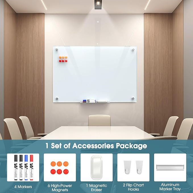 MaxGear 36" x 24" Glass Whiteboard Wall Mounted for Office Home Classroom | Magnetic Glass Dry Erase Board, Tempered Glass, Steel Backed, Non-Porous Surface, Frameless Design, Hardware Included