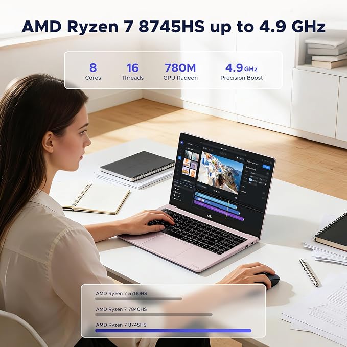 NIMO 15.6" IPS FHD Light-Gaming-Laptop, AMD Ryzen 7 8745HS 16GB DDR5 RAM 1TB SSD (8C/16T, up to 4.9 GHz Beat R9 7940HS) Radeon 780M GPU 100W Type-C Backlit Keyboard Fingerprint, for Students & Gamers
