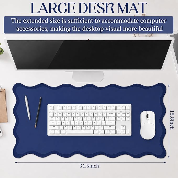Hahafelt Scalloped Desk Mat Waterproof,Navy Blue,31.5 X 15.8 Inches | Coquette Preppy Style for School Office Makeup Vanity, Nonslip Gaming Desktop Protector with Scalloped Stitched Edge Mat