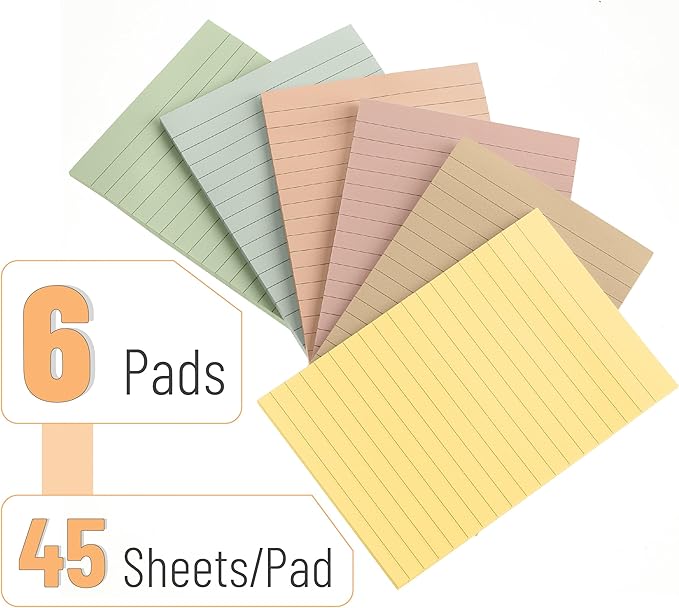Mr. Pen- Lined Sticky Notes 4x6, 6 Pads, 45 Sheet/Pads, Vintage Colors, Colorful Sticky Notes with Lines, Sticky Note Pads, Mr Pen Sticky Notes, Stocky Notes for Bible Journaling