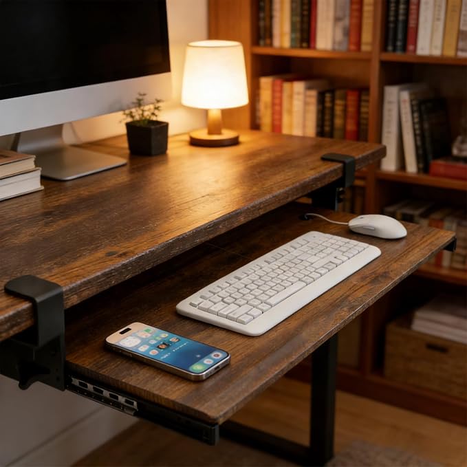 Keyboard Tray Under Desk Pull Out with Extra Sturdy C Clamp Mount System, 32.8 (38 inch Including Clamps) x 12 Inch Slide-Out Platform Computer Drawer for Typing Vintage AX01WG202