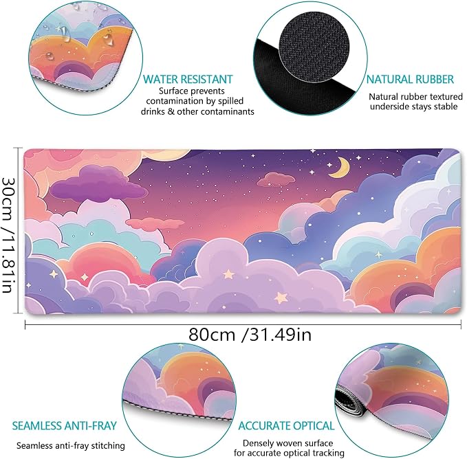 LIMKRIAN Purple Cloud Mouse Pad Kawaii Large Desk Mat, 31.5x11.8 in | Stitched Edges, Non-Slip, Mouse Pads for Gaming Computer Laptop, Desk Matt for Desktop, Cute Office Desk Accessories