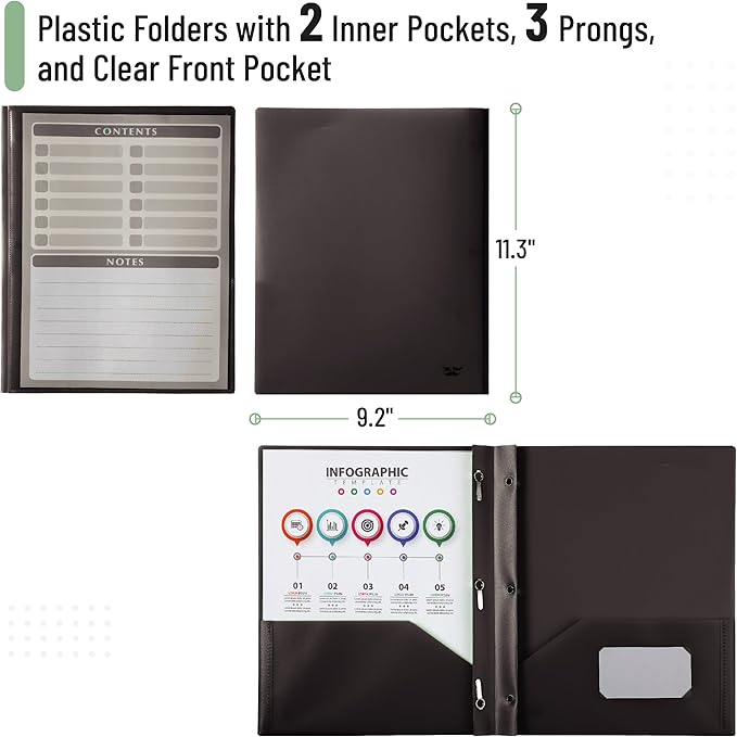 Mr. Pen- Black Plastic Folders with Pockets and Prongs, 24 Pack, Letter Size, Black Flexible Plastic Folders with Prongs, Clear Front Pocket and Card Slot
