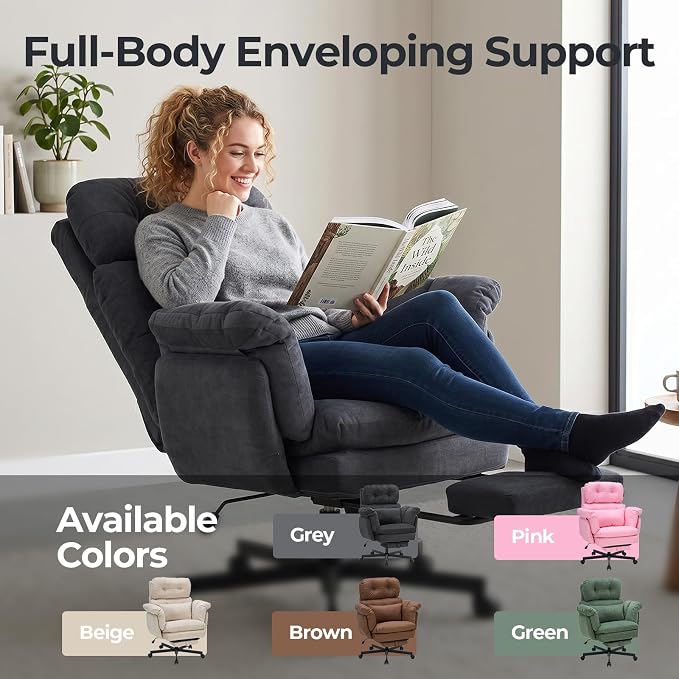 Criss Cross Office Chair with Foot Rest, Big and Tall Desk Chair with Flip Armrests for Pets & Cross Legged Sitting, Comfy Executive Ergonomic Office Reclining Computer Gaming Vanity Chair, Gray