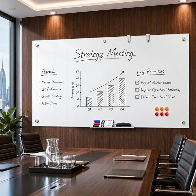 MaxGear Glass Whiteboard Tempered Glass Magnetic Dry Erase Board 96" x 48" | Tempered Glass, Sleek Modern Design, Smooth Writing, Easy Erase, Magnetic Surface, Frameless Design, Wall Mounted, Office Use