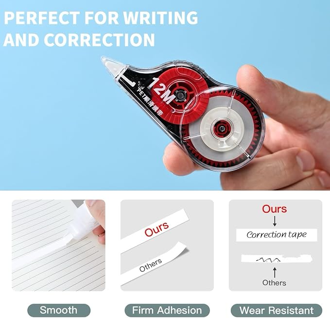 39.37ft Correction Tape with Dispenser, 6-Count Pack, Fast, Clean, Opaque and Easy-to-Use Tear-Resistant Correction Tape Bulk Office School Supplies, Blue, Red, Gray