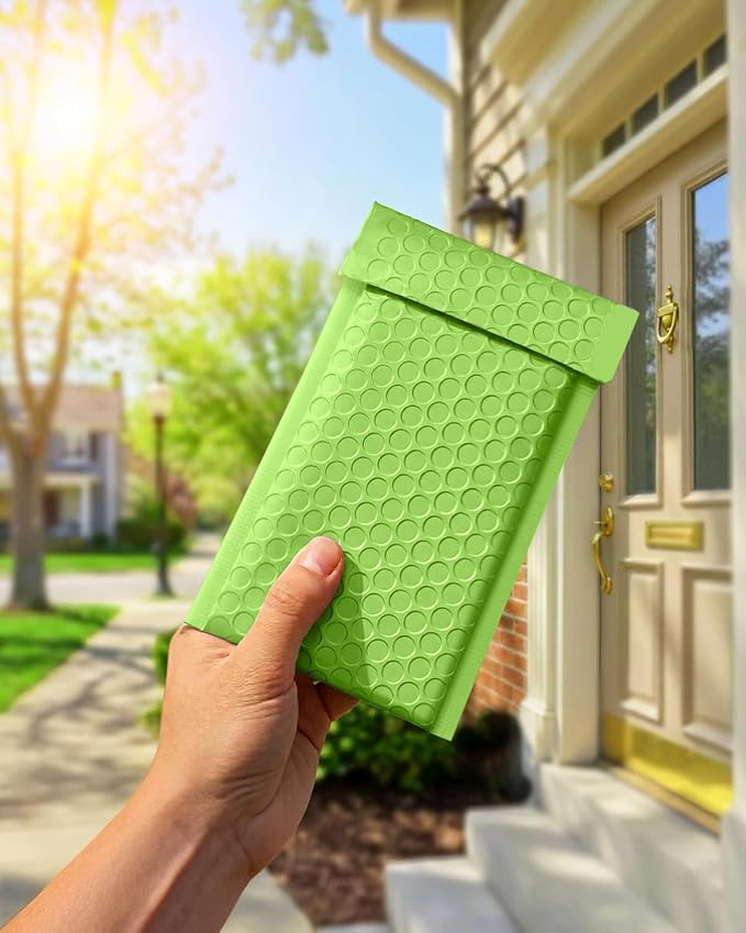 GSSUSA Green Bubble Mailers 4x8 100 Pack, Self Seal Padded Envelopes | Usable Size 4x7, Waterproof, Opaque, #000, Bulk Mailing Bags For Cards, Jewelry, Gifts, Accessories, Online Sellers